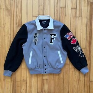 Nelk Boys Full Send Varsity Bomber Jacket Grey Black Patches Size S